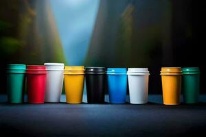 une rangée de coloré Plastique tasses sur une tableau. généré par ai photo