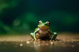 une grenouille séance sur le sol avec une vert Contexte. généré par ai photo