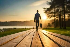 une homme en marchant sur une en bois promenade à le coucher du soleil. généré par ai photo