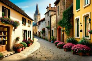 une rue avec coloré bâtiments et fleurs. généré par ai photo