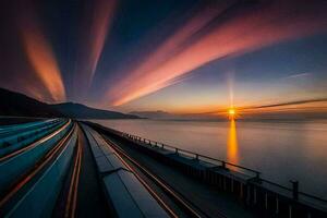 une train Aller vers le bas une Piste à le coucher du soleil. généré par ai photo