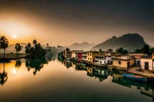 une rivière dans le milieu de une village à le coucher du soleil. généré par ai photo