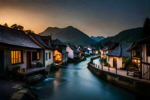 photo fond d'écran le ciel, eau, montagnes, rivière, Maisons, le village, le rivière,. généré par ai