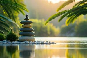 Zen des pierres empilés sur Haut de chaque autre dans le l'eau. généré par ai photo