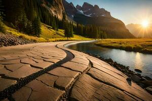 une route de premier plan à une rivière dans le montagnes. généré par ai photo