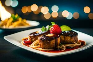 une assiette de nourriture avec spaghetti et Viande. généré par ai photo