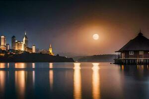 une maison sur le l'eau avec une lune dans le ciel. généré par ai photo