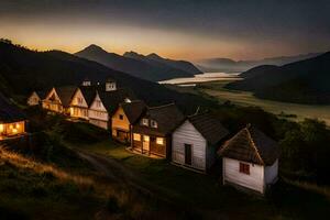une village à le coucher du soleil avec Maisons sur le flanc de coteau. généré par ai photo