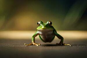 une grenouille est permanent sur une foncé surface. généré par ai photo