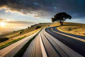 une longue route avec une arbre dans le distance. généré par ai photo