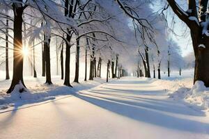 une neigeux chemin dans le milieu de une parc. généré par ai photo