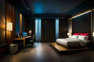 une lit ou des lits dans une pièce à le Hôtel. généré par ai photo