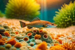 une poisson nager dans un aquarium avec coraux et autre les plantes. généré par ai photo