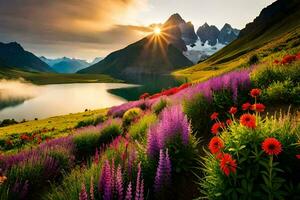 le Soleil monte plus de le montagnes et fleurs dans le premier plan. généré par ai photo