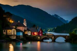 photo fond d'écran le ciel, eau, montagnes, pont, loger, village, coucher de soleil, le nuit. généré par ai