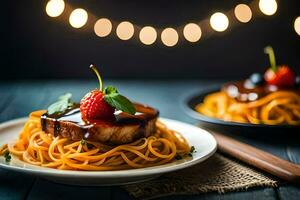 une assiette de spaghetti avec Viande et baies. généré par ai photo