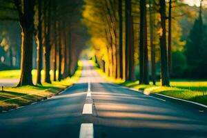 une longue route avec des arbres garniture tous les deux côtés. généré par ai photo