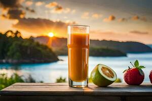 une verre de Orange jus avec fruit sur une tableau. généré par ai photo