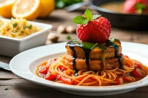 une assiette avec spaghetti et une fraise sur Haut. généré par ai photo