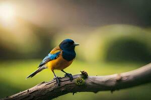 une bleu et Orange oiseau séance sur une branche. généré par ai photo