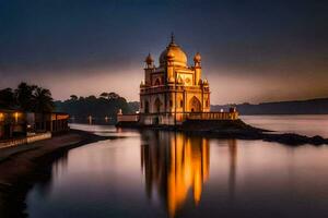 une magnifique temple est assis sur le rive de une lac. généré par ai photo