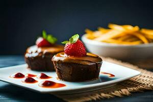 deux Chocolat petits gâteaux avec des fraises et une côté de frites. généré par ai photo