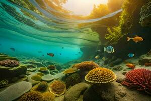 sous-marin scène avec corail récifs et poisson. généré par ai photo