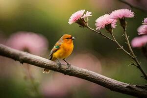 une petit Orange oiseau est séance sur une branche avec rose fleurs. généré par ai photo