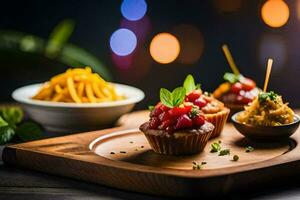 petit apéritifs sur une en bois plateau. généré par ai photo