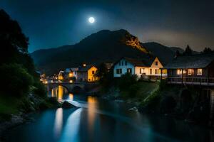 photo fond d'écran le lune, nuit, rivière, village, lune, rivière, clair de lune, rivière. généré par ai