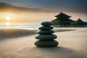 empiler de des pierres sur le plage à le coucher du soleil. généré par ai photo