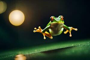 une grenouille sauter dans le air avec une floue Contexte. généré par ai photo