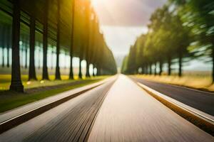 une floue image de une route avec des arbres dans le Contexte. généré par ai photo