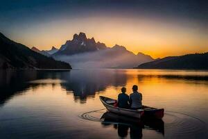 deux gens dans une bateau à le coucher du soleil. généré par ai photo