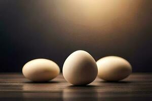 Trois des œufs sur une table avec une foncé Contexte. généré par ai photo