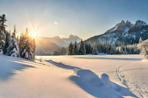 neige couvert montagnes et des arbres à le coucher du soleil. généré par ai photo