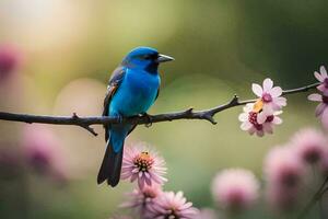 une bleu oiseau est assis sur une branche avec rose fleurs. généré par ai photo