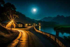 photo fond d'écran le lune, route, nuit, rivière, montagnes, loger, loger, le lune. généré par ai