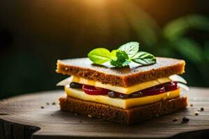 une sandwich avec fromage, tomate et concombre sur une en bois tableau. généré par ai photo