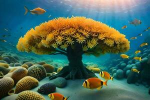 un sous-marin arbre avec poisson et corail. généré par ai photo