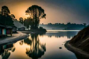 une rivière avec Maisons et des arbres à le coucher du soleil. généré par ai photo