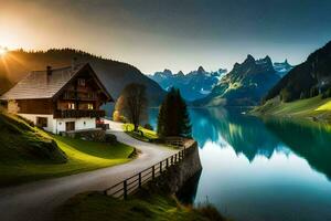 une magnifique maison sur le côté de une Montagne lac. généré par ai photo