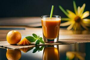 une verre de Orange jus avec une tranche de Orange et menthe feuilles. généré par ai photo