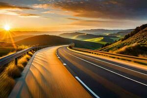 une Autoroute avec le Soleil réglage plus de le montagnes. généré par ai photo