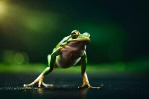 une grenouille est permanent sur ses de derrière jambes sur une foncé Contexte. généré par ai photo