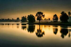 une magnifique lever du soleil plus de une Lac avec des arbres. généré par ai photo