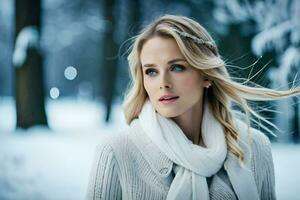 une magnifique blond femme dans une hiver parc. généré par ai photo