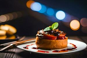 une dessert sur une assiette avec une fourchette et couteau. généré par ai photo