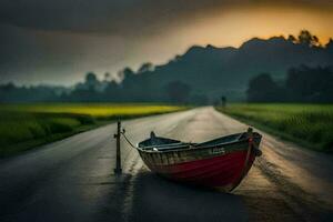 une bateau sur le route à le coucher du soleil. généré par ai photo
