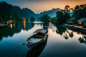 bateau sur le rivière à le coucher du soleil avec montagnes dans le Contexte. généré par ai photo